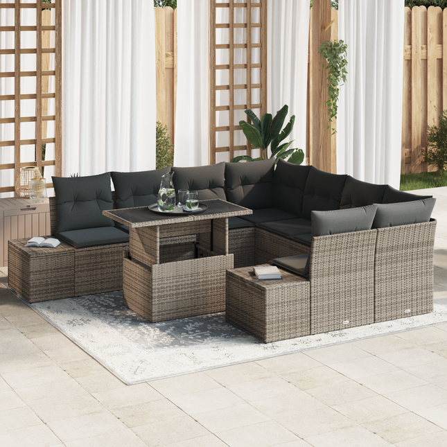 Havesofa Sæt med pude 9 pcs Grå polyrattan