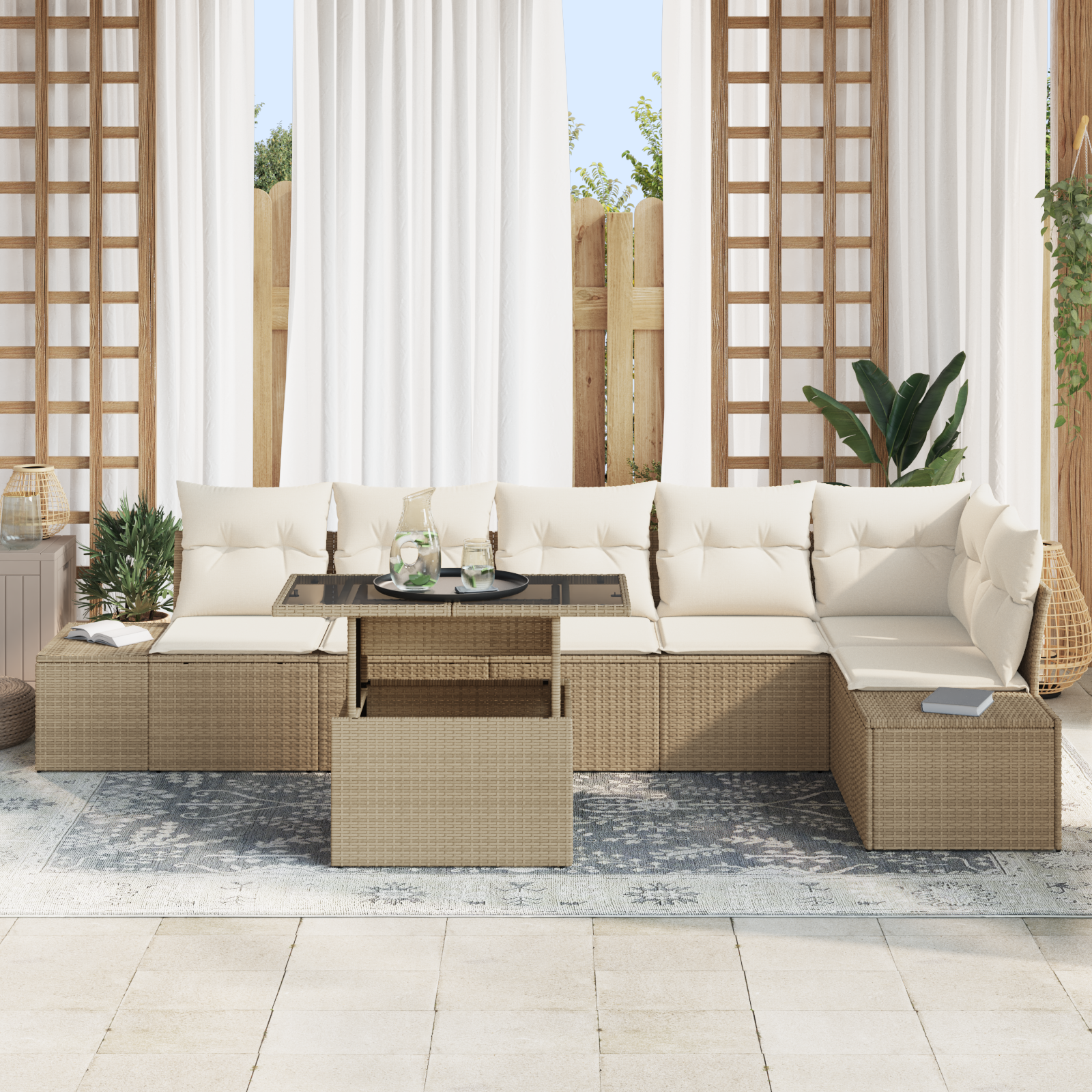 Havesofa Sæt med pude 7 pcs Beige og creme polyrattan