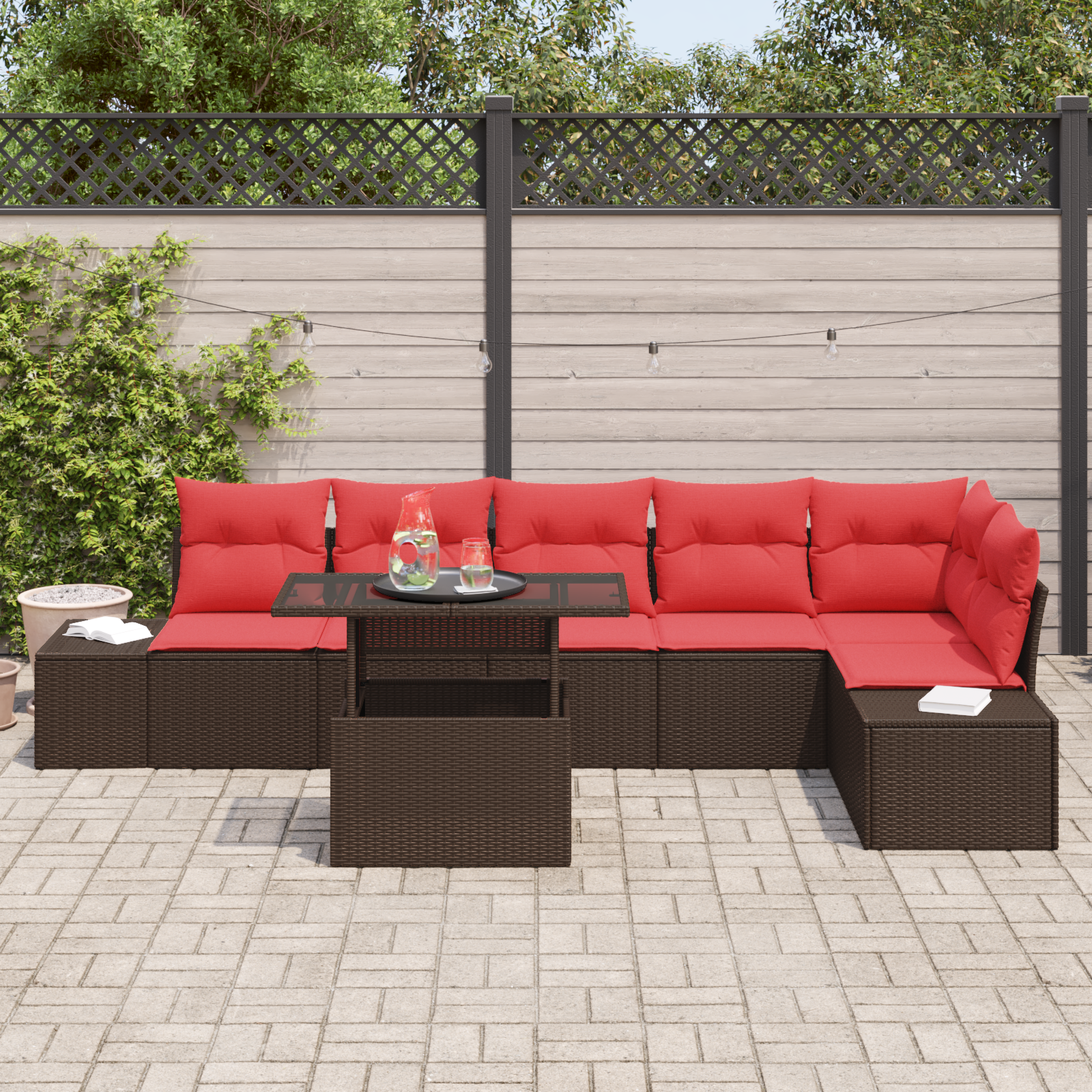 Havesofa Sæt med pude 7 pcs Brun og Rød polyrattan