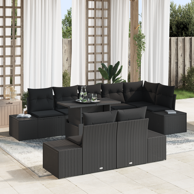 Havesofa Sæt med pude 9 pcs Sort polyrattan