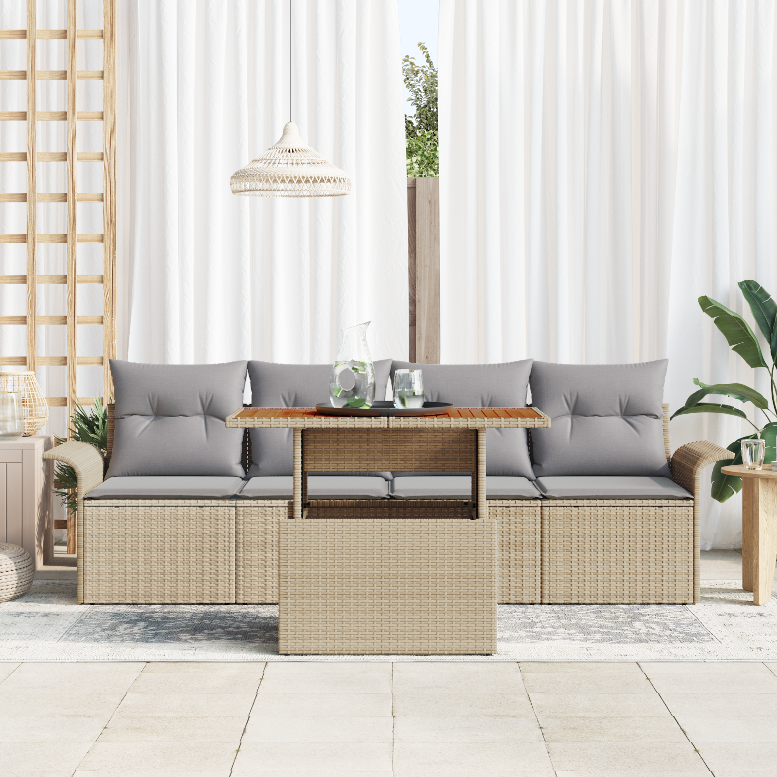 Havesofa Sæt med pude 5 pcs Beige og lys grå polyrattan