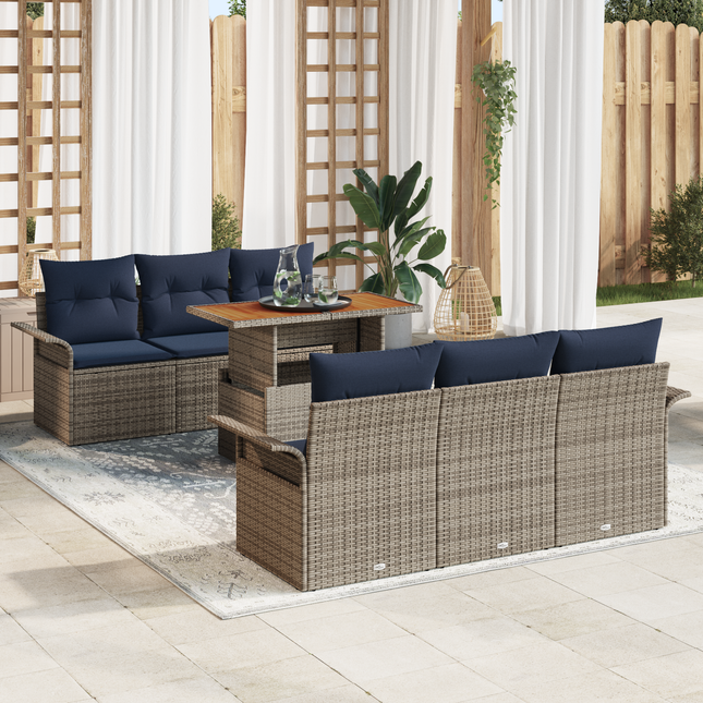 Havesofa Sæt med pude 7 pcs Grå og Marineblå polyrattan