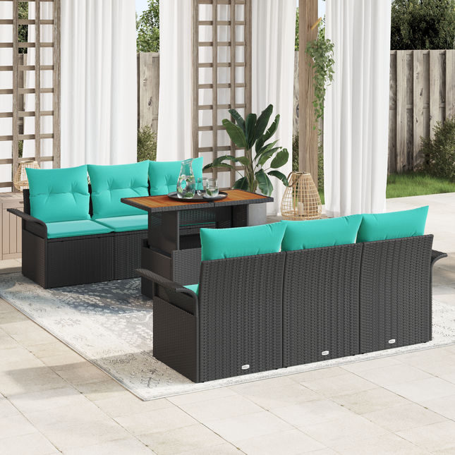 Havesofa Sæt med pude 7 pcs Sort og Blå polyrattan