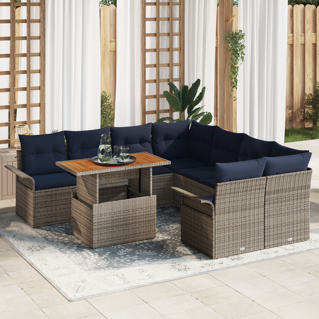 Havesofa Sæt med pude 9 pcs Grå og Marineblå polyrattan