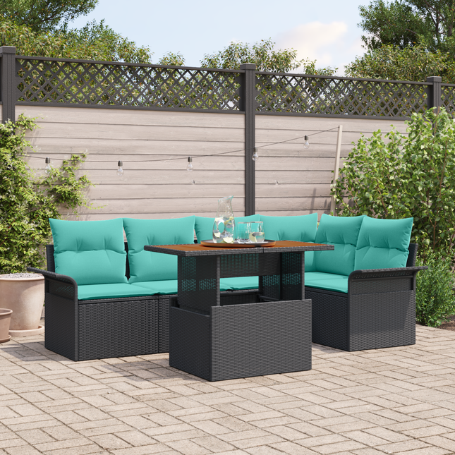 Havesofa Sæt med pude 6 pcs Sort og Blå polyrattan