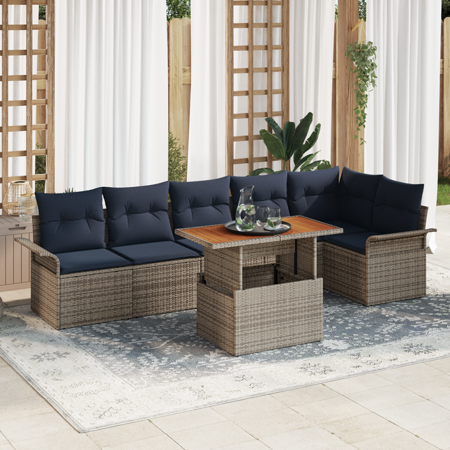 Havesofa Sæt med pude 7 pcs Grå og Marineblå polyrattan
