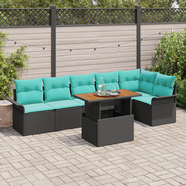 Havesofa Sæt med pude 7 pcs Sort og Blå polyrattan