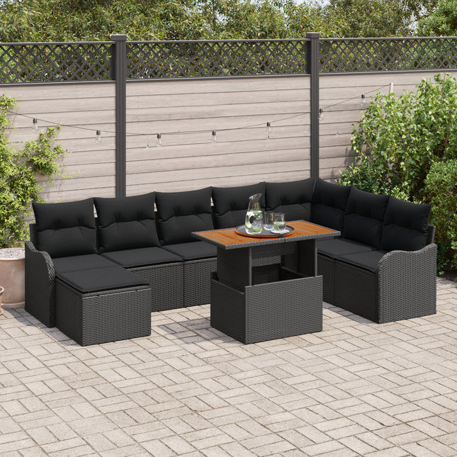 Havesofa Sæt 9 pcs Sort Polyrattan og pulverlakeret stål
