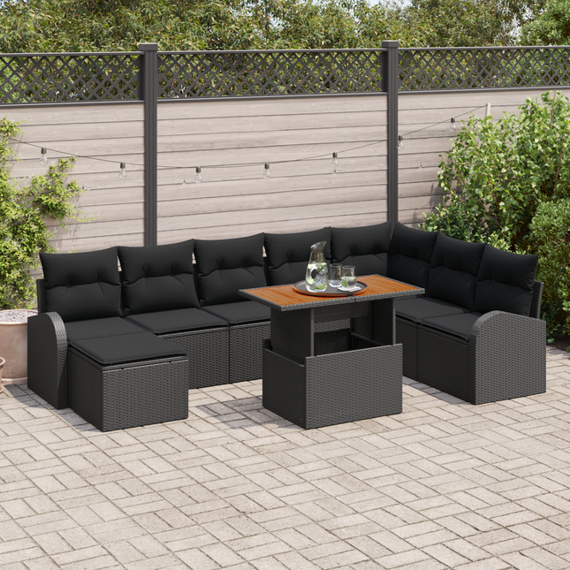 Havesofa Sæt 9 pcs Sort Polyrattan og pulverlakeret stål