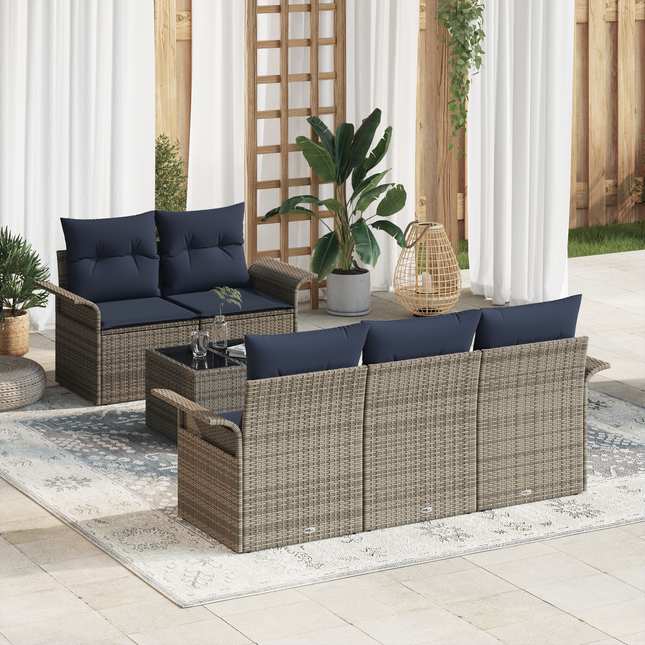 Havesofa Sæt med pude 6 pcs Grå og Marineblå polyrattan
