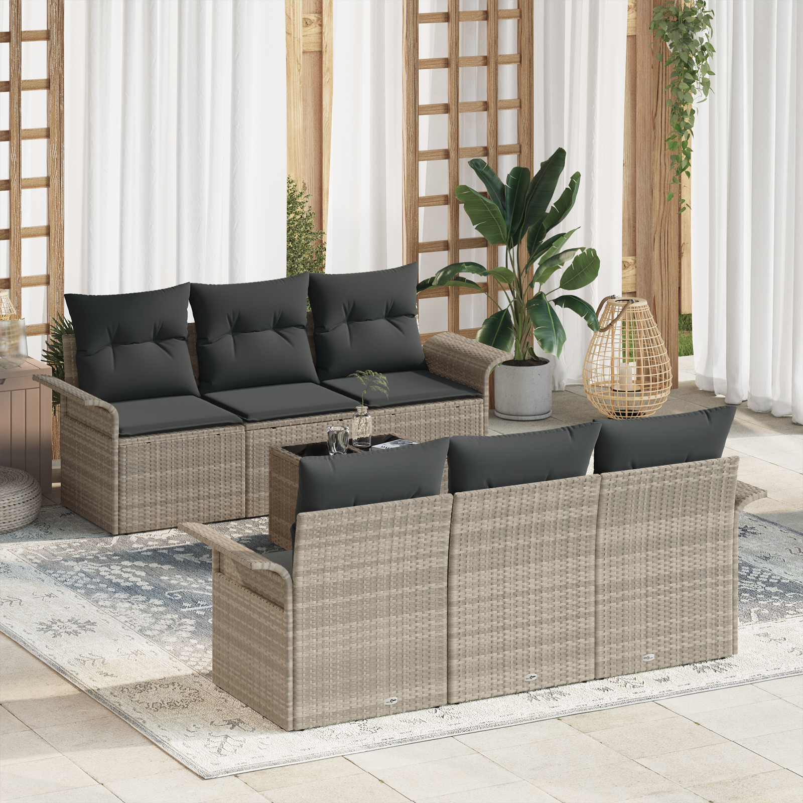 Havesofa Sæt med pude 7 pcs Lysegrå og mørkegrå polyrattan
