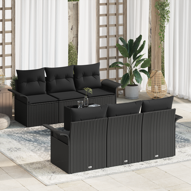 Havesofa Sæt med pude med opbevaring 7 pcs Sort polyrattan