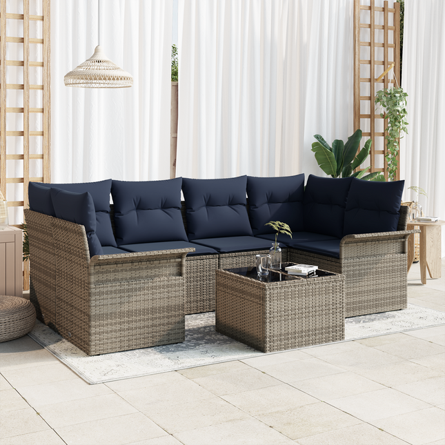 Havesofa Sæt med pude 7 pcs Grå og Marineblå polyrattan