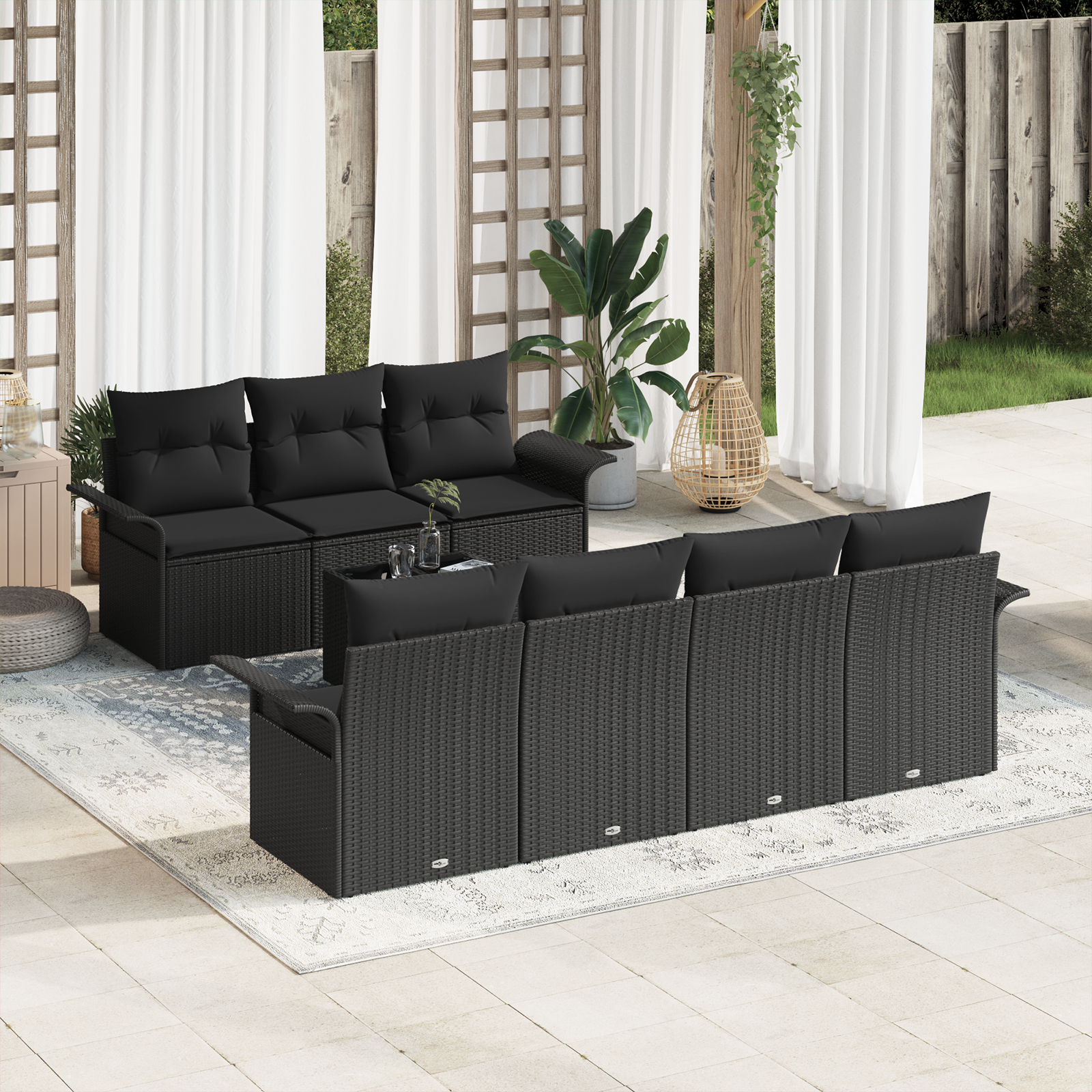 Havesofa Sæt med pude med opbevaring 8 pcs Sort polyrattan