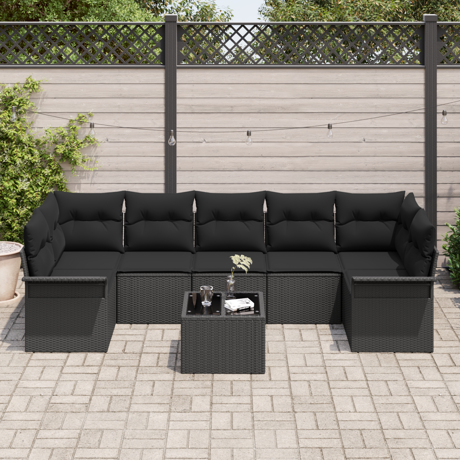 Havesofa Sæt med pude med opbevaring 8 pcs Sort polyrattan