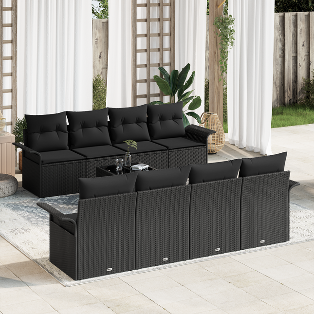 Havesofa Sæt med pude med opbevaring 9 pcs Sort polyrattan