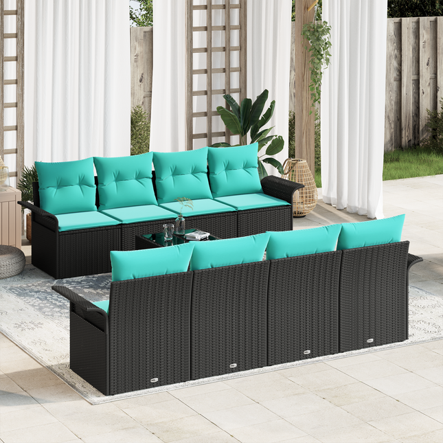 Havesofa Sæt med pude 9 pcs Sort og turkis polyrattan