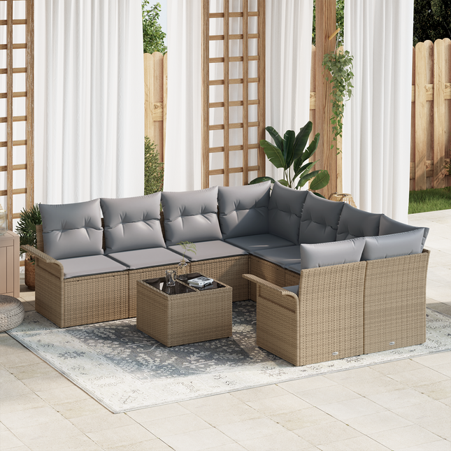 Havesofa Sæt med pude 9 pcs Beige og grå polyrattan