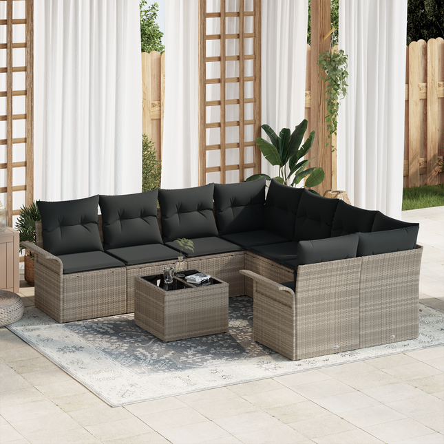 Havesofa Sæt med pude 9 pcs Lysegrå og mørkegrå polyrattan
