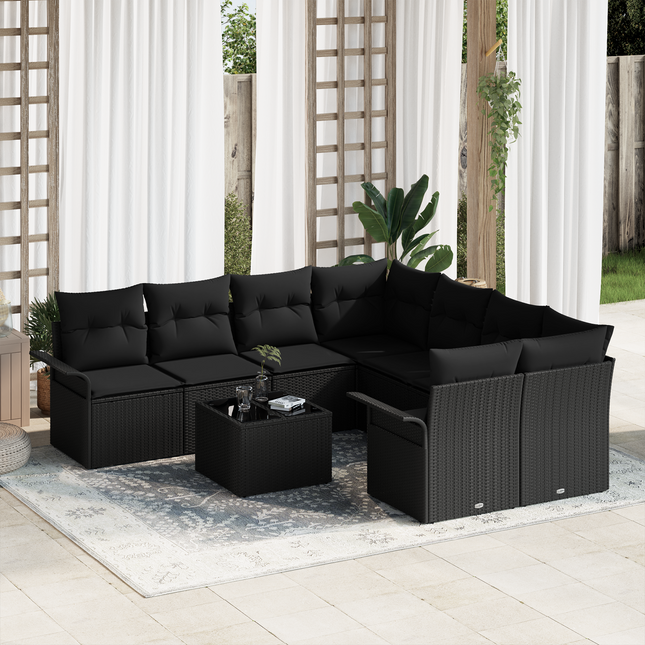 Havesofa Sæt med pude med opbevaring 9 pcs Sort polyrattan