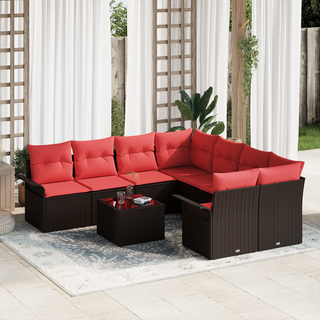 Havesofa Sæt med pude 9 pcs Beige og Rød polyrattan