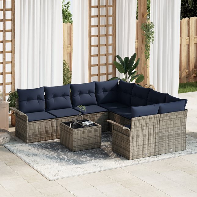 Havesofa Sæt med pude 9 pcs Grå og Marineblå polyrattan