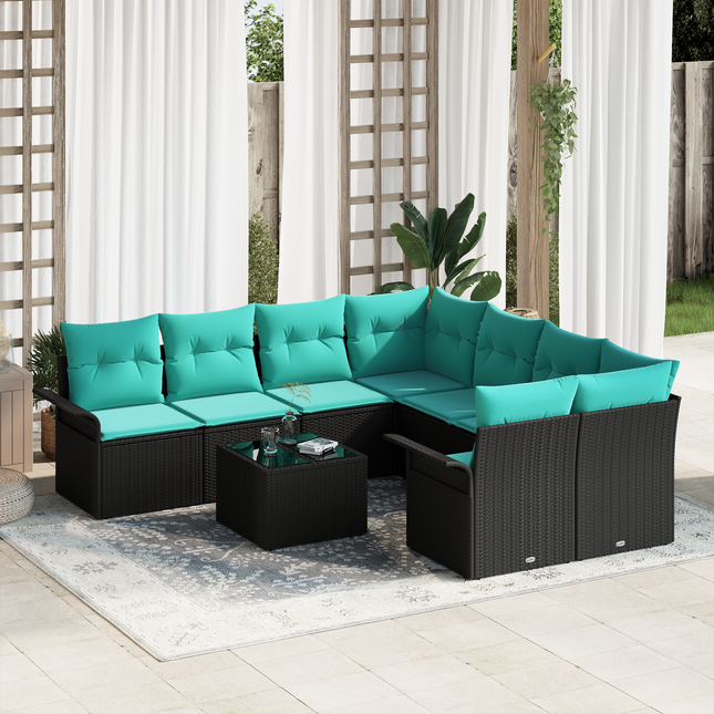Havesofa Sæt med pude 9 pcs Sort og turkis polyrattan