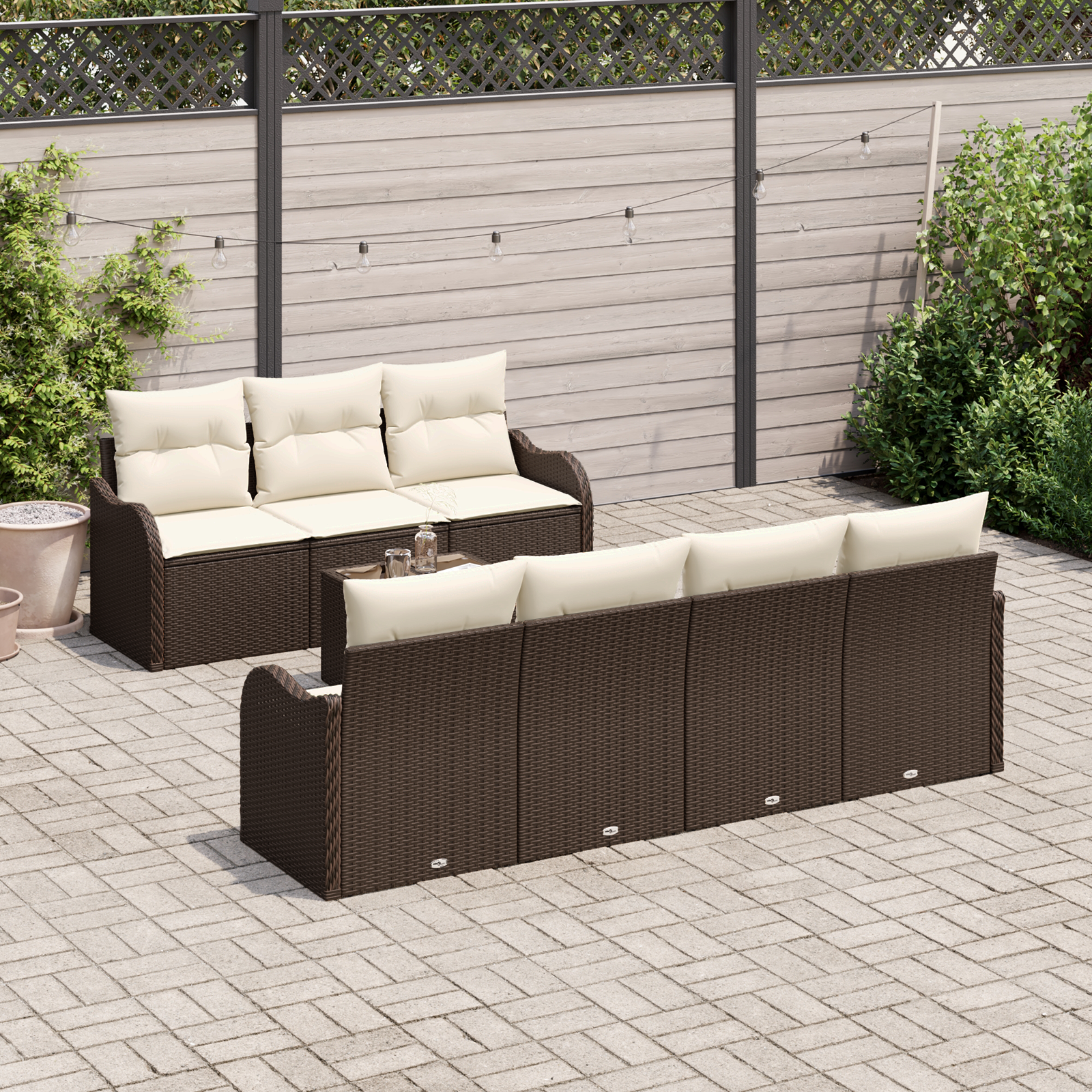 Havesofa Sæt 8 pcs Brun og Creme Poly Rattan og Stål og Glas