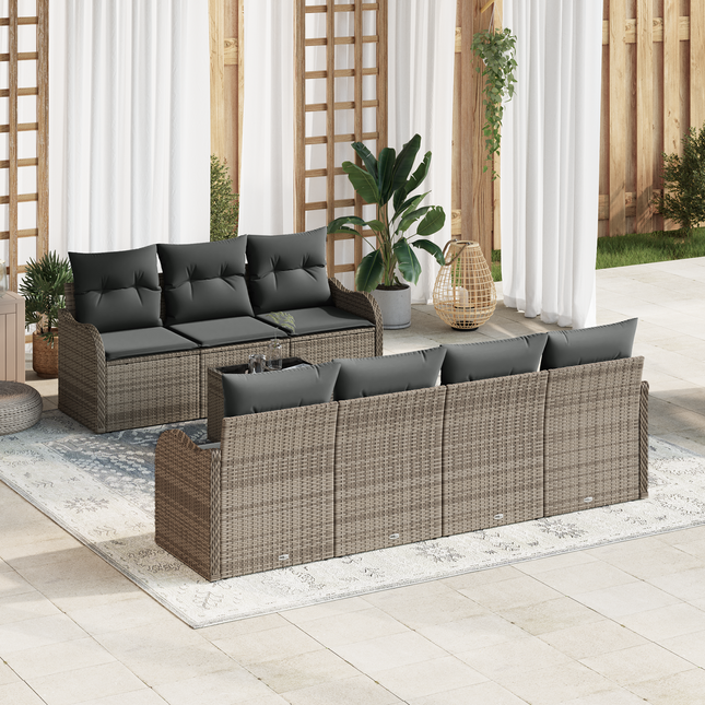Havesofa Sæt med pude 8 pcs Grå Poly Rattan og Stål og Glas