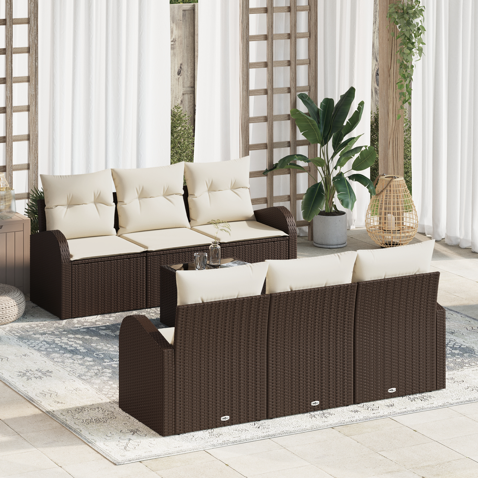 Havesofa Sæt med opbevaring 7 pcs Brun og Creme polyrattan