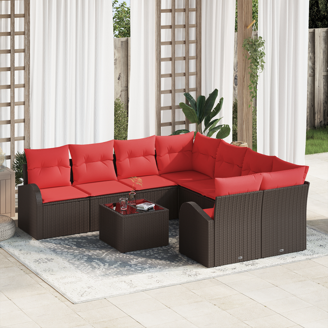 Sofa Sæt med pude med opbevaring 9 pcs Beige og Rød polyrattan