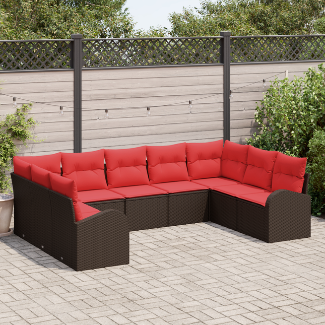 Havesofa Sæt med pude 9 pcs Brun og Rød polyrattan