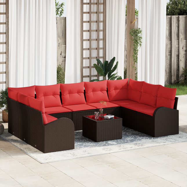 Havesofa Sæt med pude 10 pcs Brun og Rød polyrattan