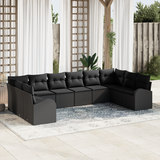 Havesofa Sæt med pude med opbevaring 10 pcs Sort polyrattan