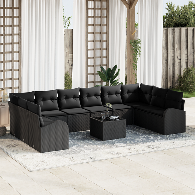 Havesofa Sæt med pude med opbevaring 11 pcs Sort polyrattan