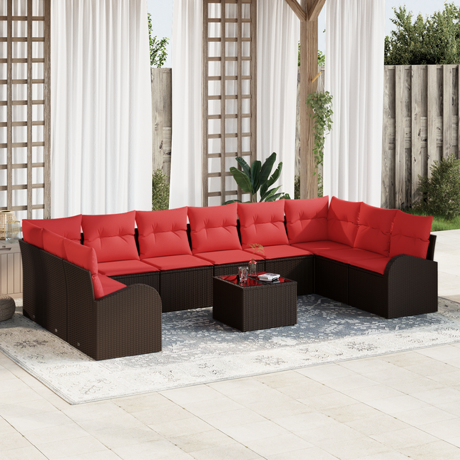 Havesofa Sæt med pude 11 pcs Brun og Rød polyrattan