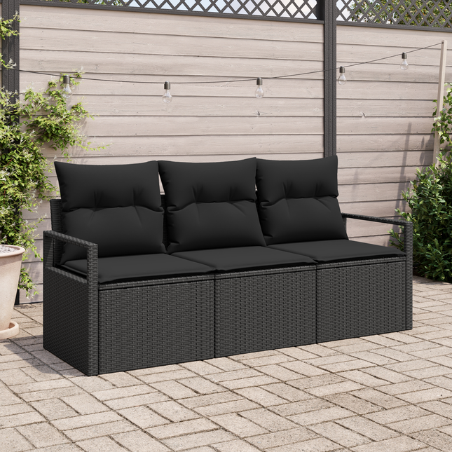 Havesofa Sæt med pude med opbevaring 3 pcs Sort polyrattan