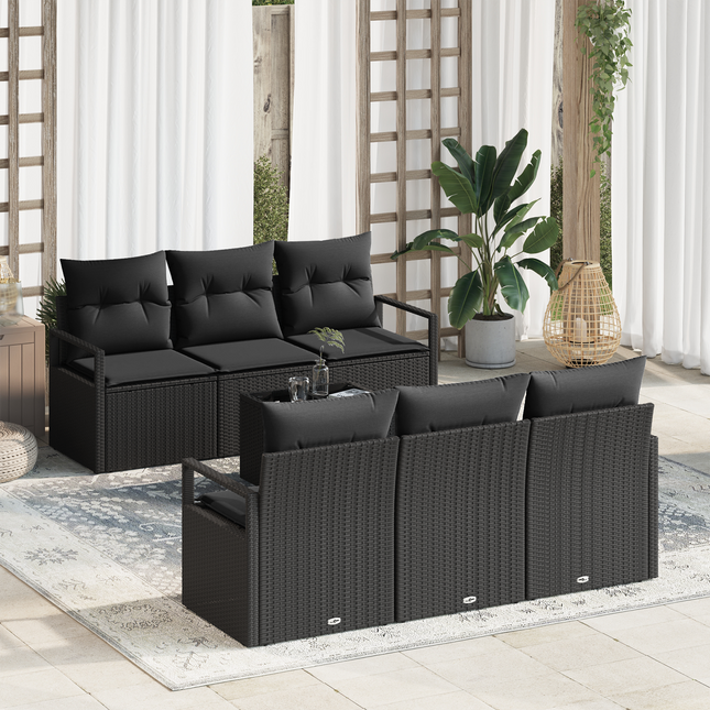 Havesofa Sæt med pude med opbevaring 7 pcs Sort polyrattan