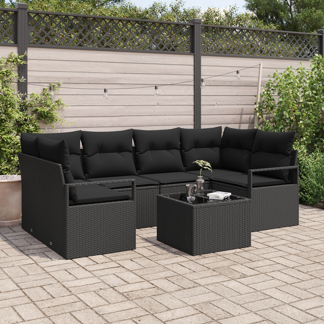 Havesofa Sæt med pude 7 pcs Sort Polyrattan og stål og glas