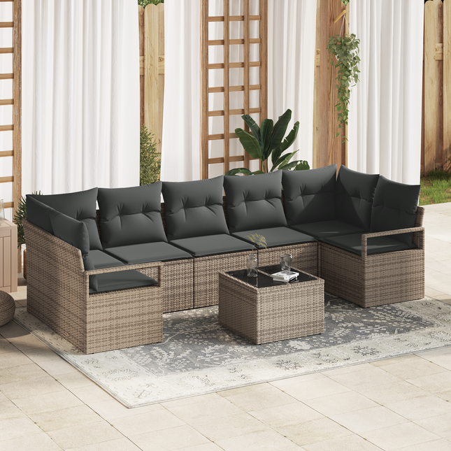 Havesofa Sæt med pude 8 pcs Grå Polyrattan og stål og glas