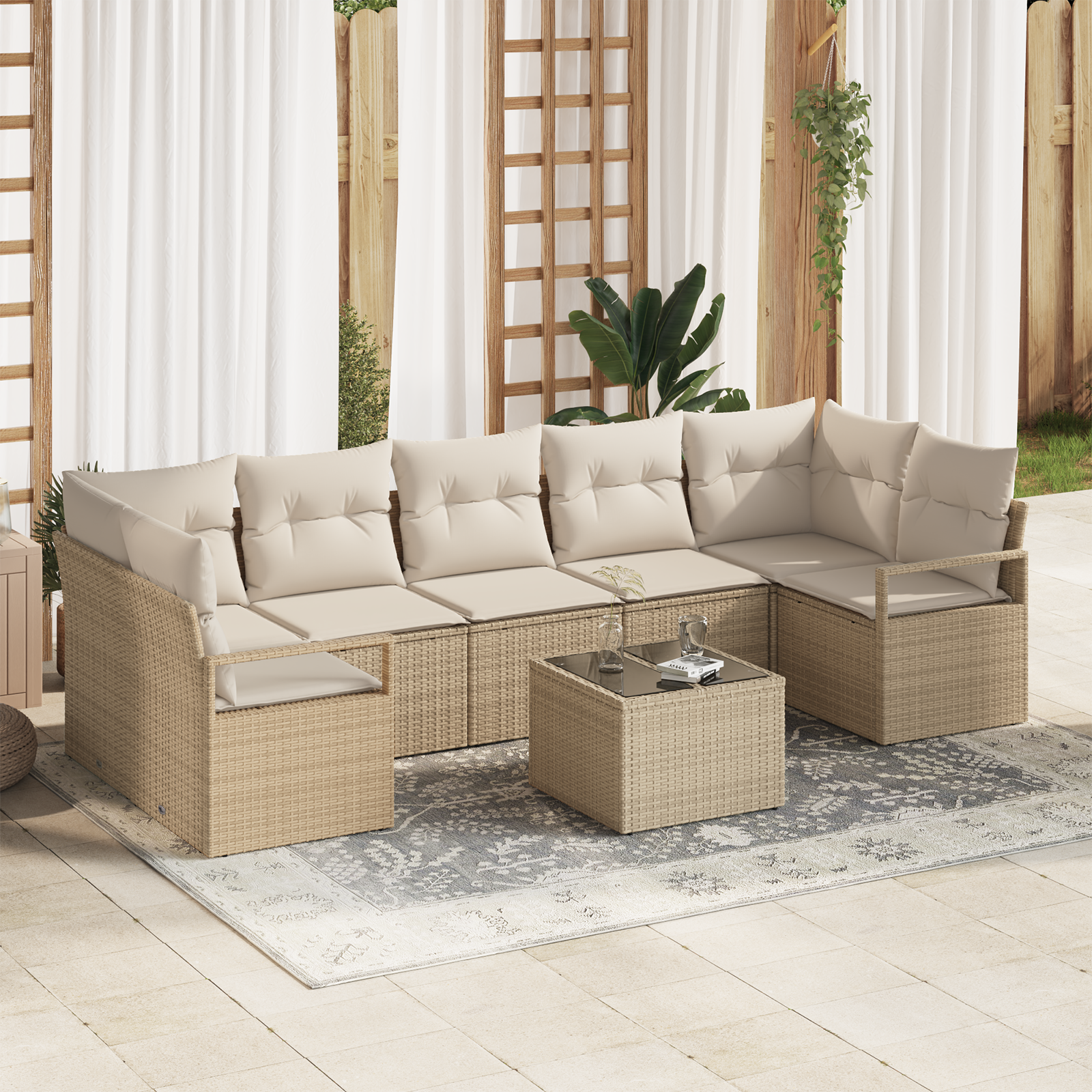 Havesofa Sæt 8 pcs Beige og creme Polyrattan og stål og glas