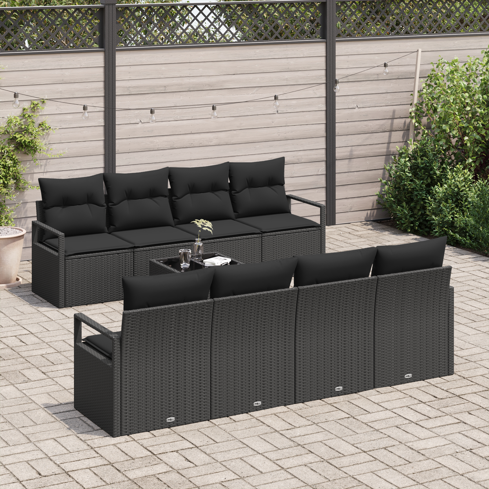 Havesofa Sæt med pude med opbevaring 9 pcs Sort polyrattan