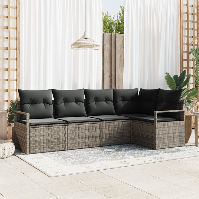 Havesofa Sæt med pude med opbevaring 5 pcs Grå polyrattan
