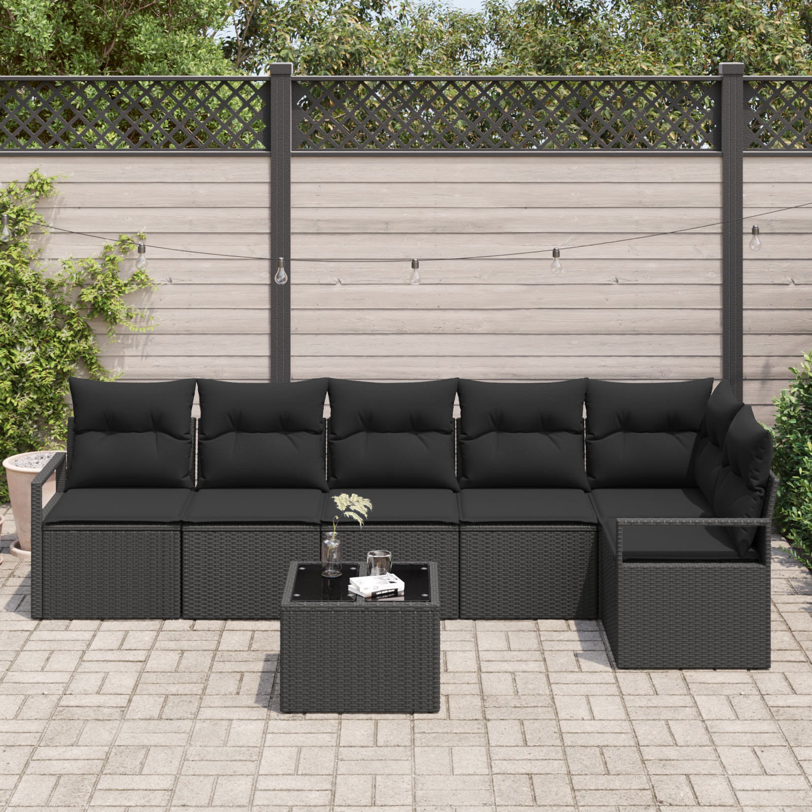 Havesofa Sæt med pude med opbevaring 7 pcs Sort polyrattan