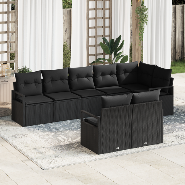 Havesofa Sæt med pude med opbevaring 8 pcs Sort polyrattan
