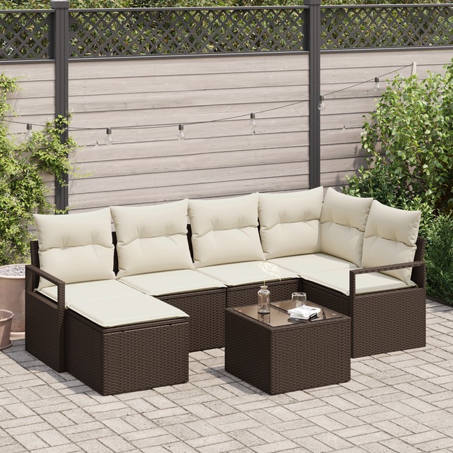 Sofa Sæt med pude med opbevaring 7 pcs Brun og Creme polyrattan