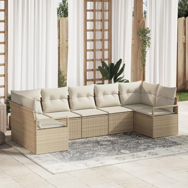 Havesofa Sæt med pude 7 pcs Beige og hvid polyrattan