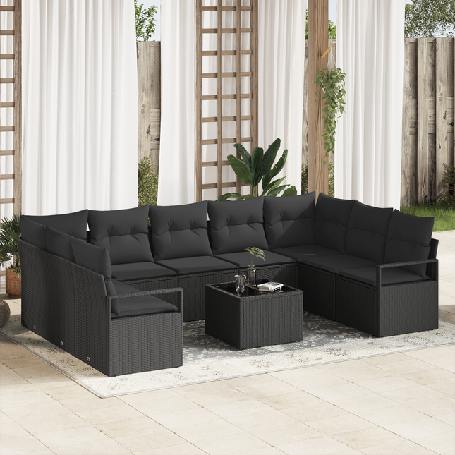 Havesofa Sæt med pude med opbevaring 10 pcs Sort polyrattan