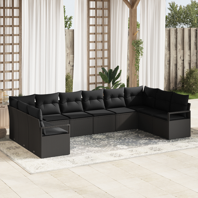 Havesofa Sæt med pude med opbevaring 10 pcs Sort polyrattan