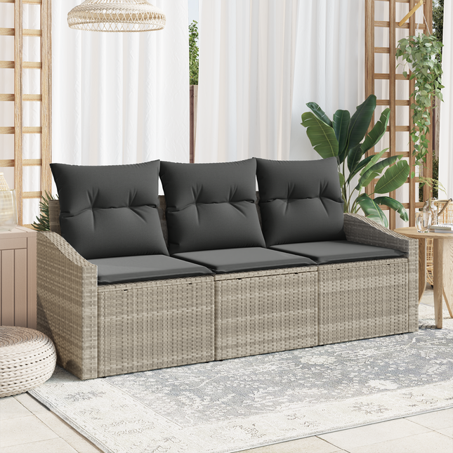 Havesofa Sæt med pude med opbevaring 3 pcs Lysegrå polyrattan
